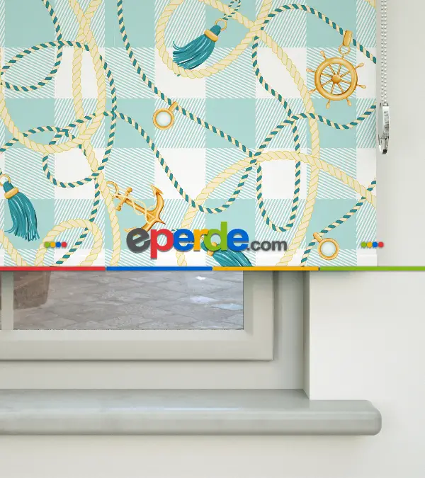 Genç Odası - Denizci Desenli Baskılı Stor Perde- Yeşil-çok Renkli