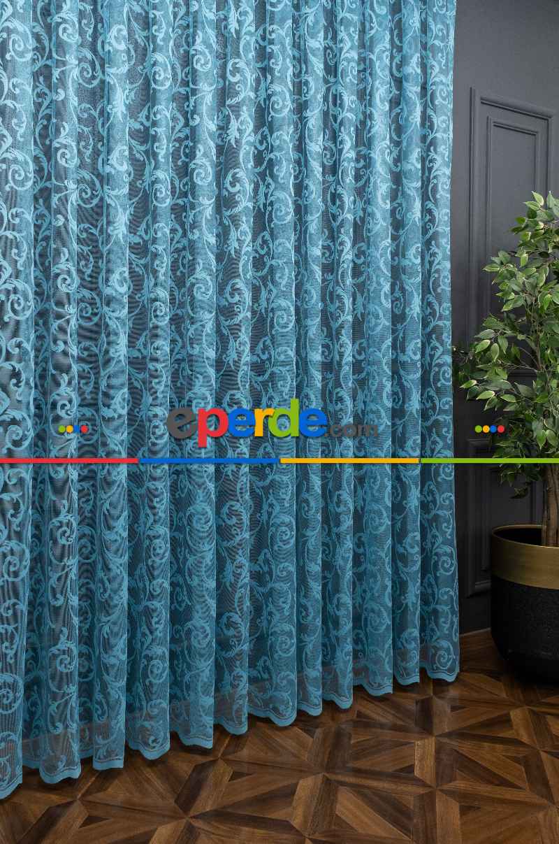 Sarmaşık Desen Petrol Turkuaz Renk Desen Tasarım Tül