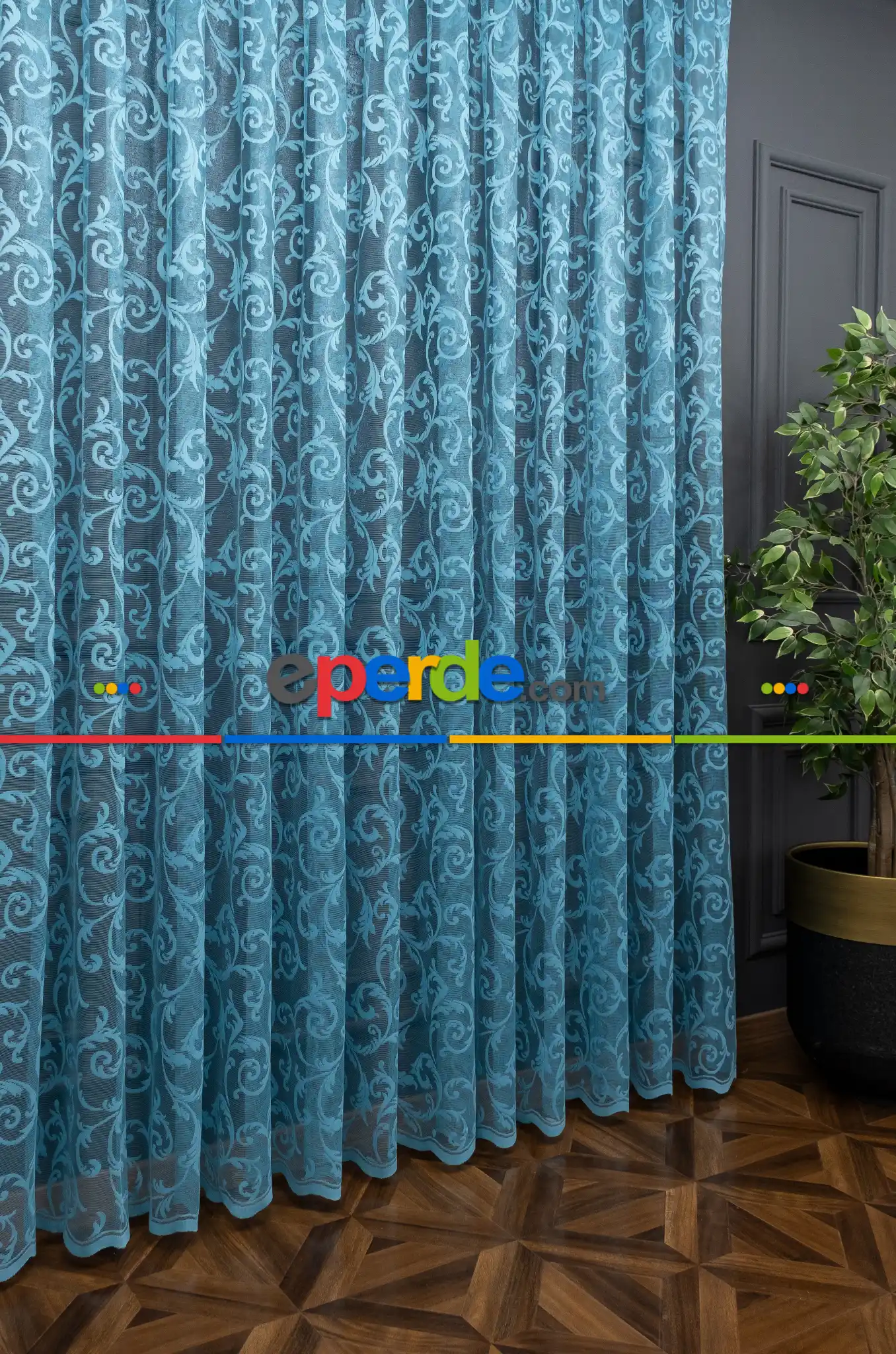 Sarmaşık Desen Petrol Turkuaz Renk Desen Tasarım Tül