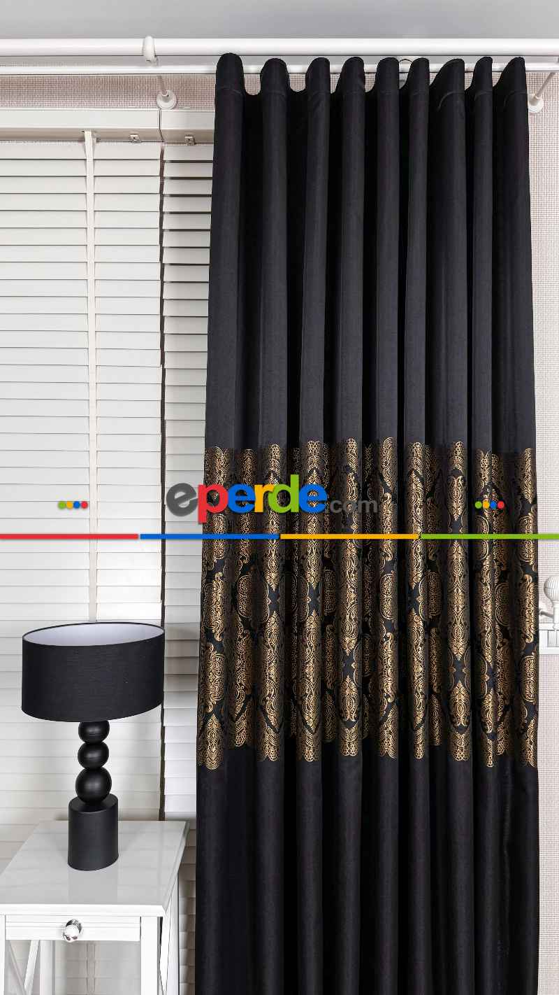 Siyah Altın Fon Perde, Damask Desenli, Pano Fon Perde