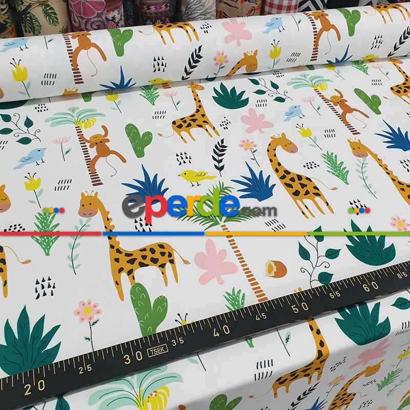 Zürafa Ve Maymun Desenli Fon Perde Evm1088-3 Kumaşı Kalındır Duck Bezi Değildir- Siyah