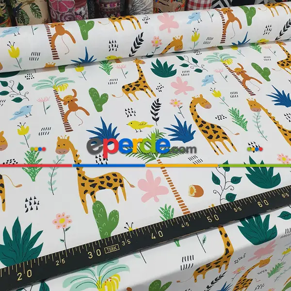 Bebek Odası Fon - Zürafa Ve Maymun Desenli Fon Perde Evm1088-3 Kumaşı Kalındır Duck Bezi Değildir- Siyah