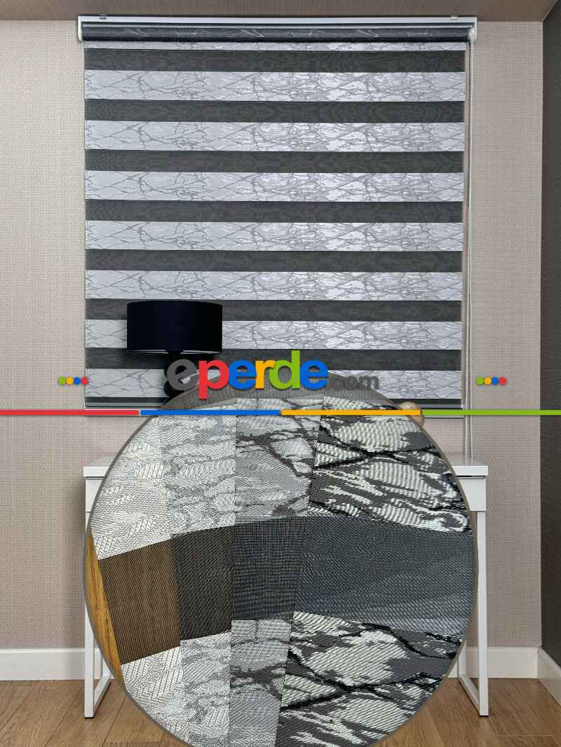 Genç Odası Parlak Gri Mavi Jakar Dokuma Zebra Perde, Standart Metal Kasalı Yüksek Kalite Kornişe Kolay Montaj Seçenekli