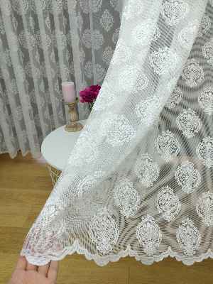Serpme Damask Desen Salon Fransız Dantel Tül Perde & Kruvaze Perde- Ekru Bt-546