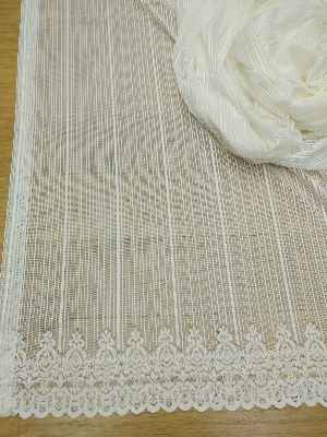 Kısa Boylu Boyuna Çizgili Etek Ucu Desenli Tül Perde - Petek Üstü Boy- Ekru