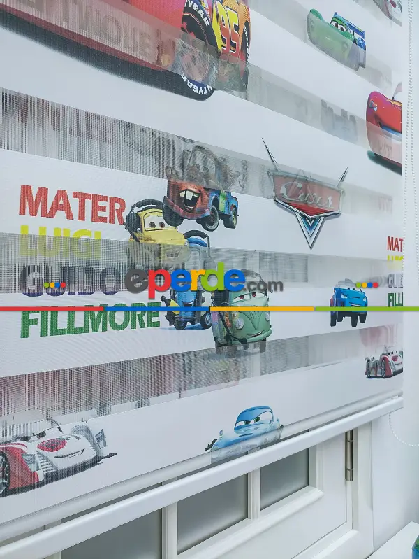 Çocuk Odası - Şimşek Mcqueen Zebra Perde - Arabalar Zebra- Mavi