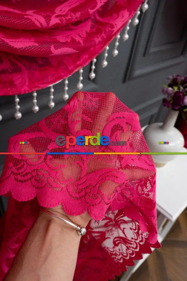 Fuşya Pembe Sarmaşık Desen Şal Model Tül Kruvaze Yanki Tül