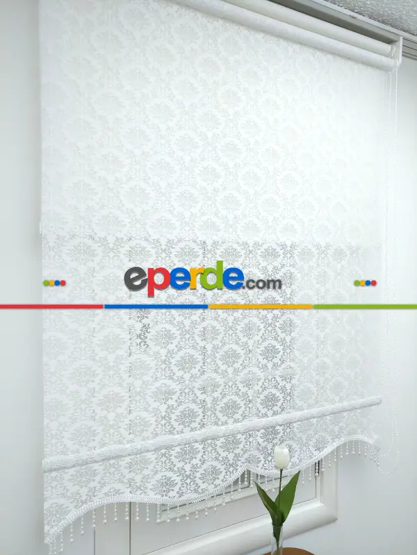 Jakar Örme Tül-alvina 801 Ekru Çiftli Sistem Dantel Desenli Perde- Beyaz