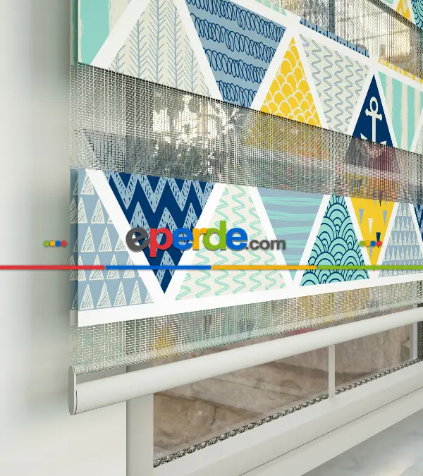 Bebek Odası Zebra Perde - Çapa Desen Baskılı Zebra Perde- Mavi-Sarı-Beyaz-Su Yeşili