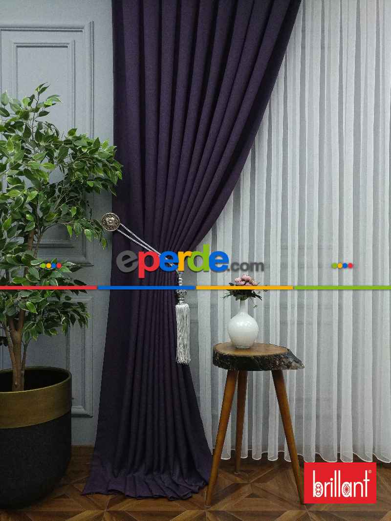 Brillant Keten Mor Renk Düz Fon Perde - Mor Patlıcan Moru