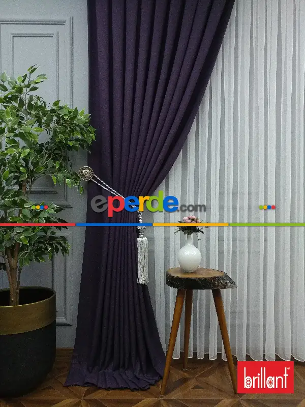 Yatak Odası - Brillant Keten Mor Renk Düz Fon Perde - Mor Patlıcan Moru