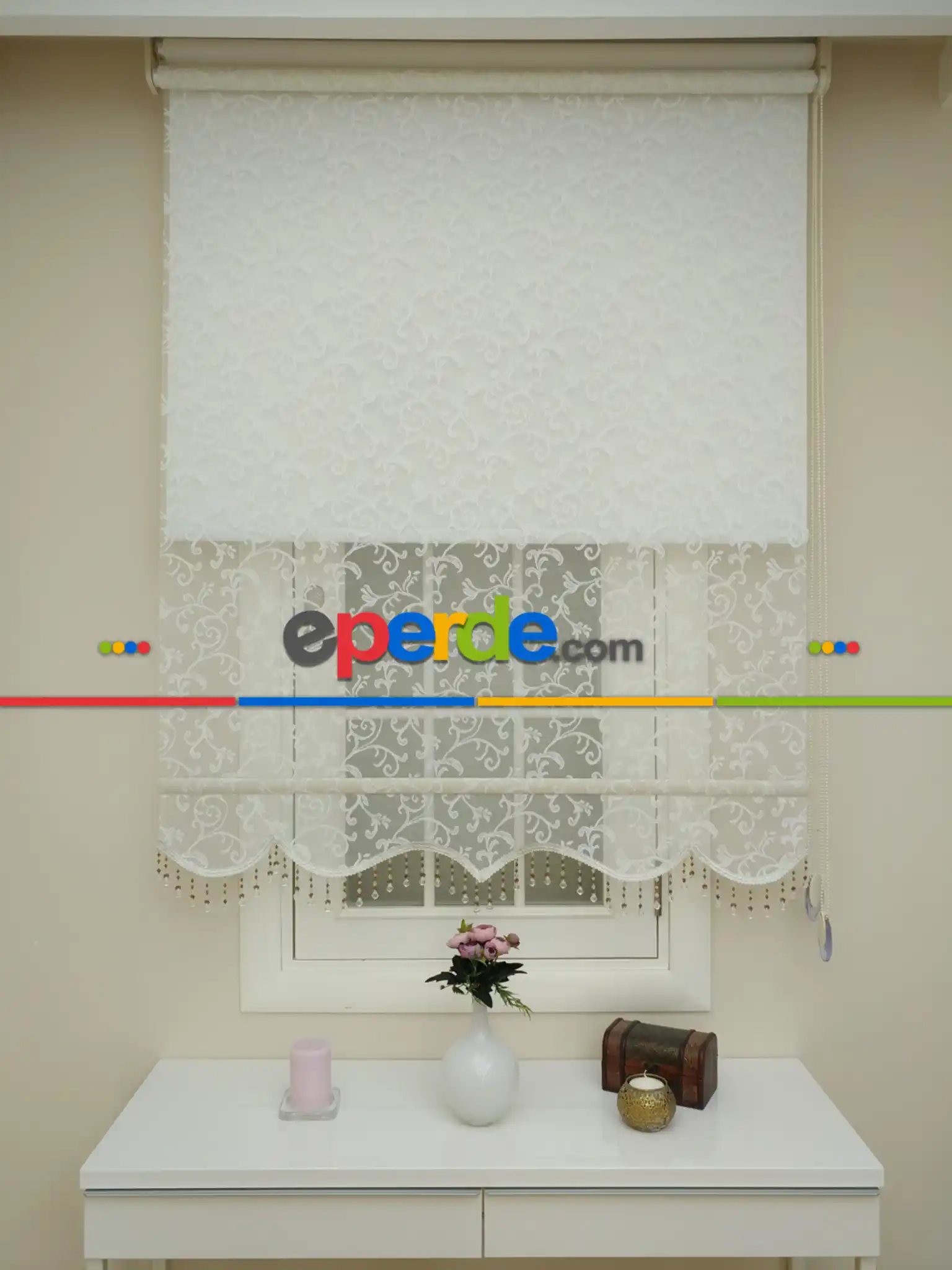 Yatak Odası - Çiftli Sistem Tül Ve Stor Perde - Şal Desen- Krem Açık-ekru