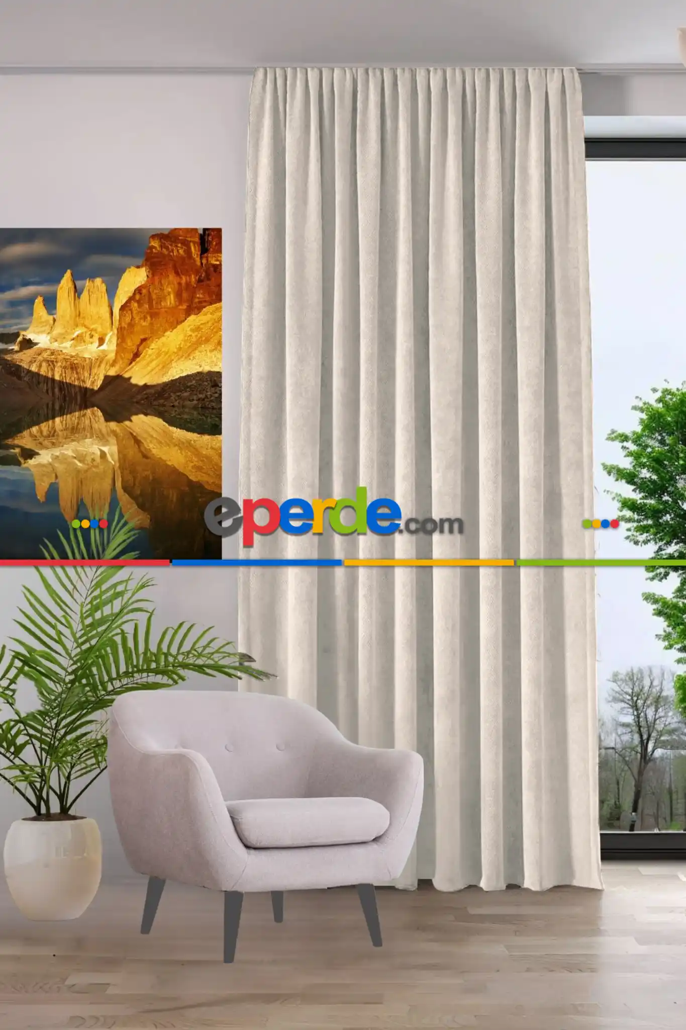 Salon - Kadife Dokulu Fon Perde Pilesiz Tek Kanat Krem