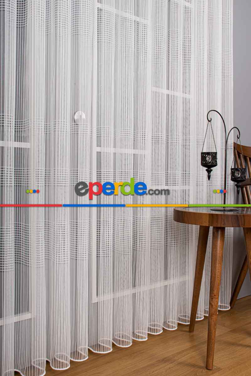 Mutfak - Zincir Çizgili Tül Perde - Ekru