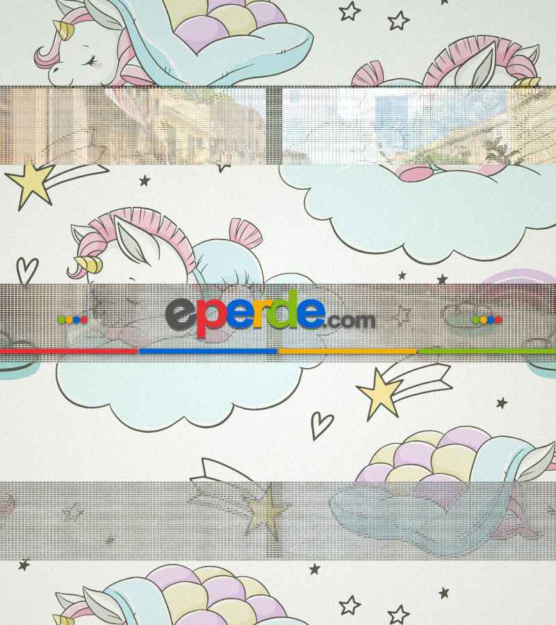 Unicorn Desenli Baskılı Zebra Perde- Çok Renkli