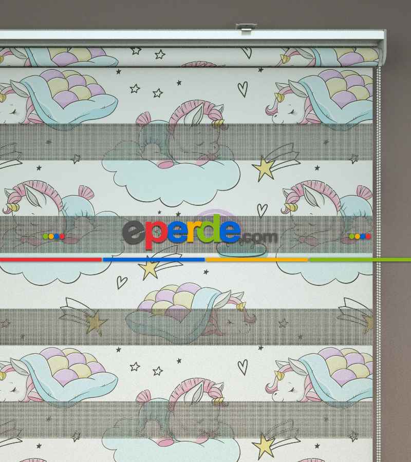 Unicorn Desenli Baskılı Zebra Perde- Çok Renkli