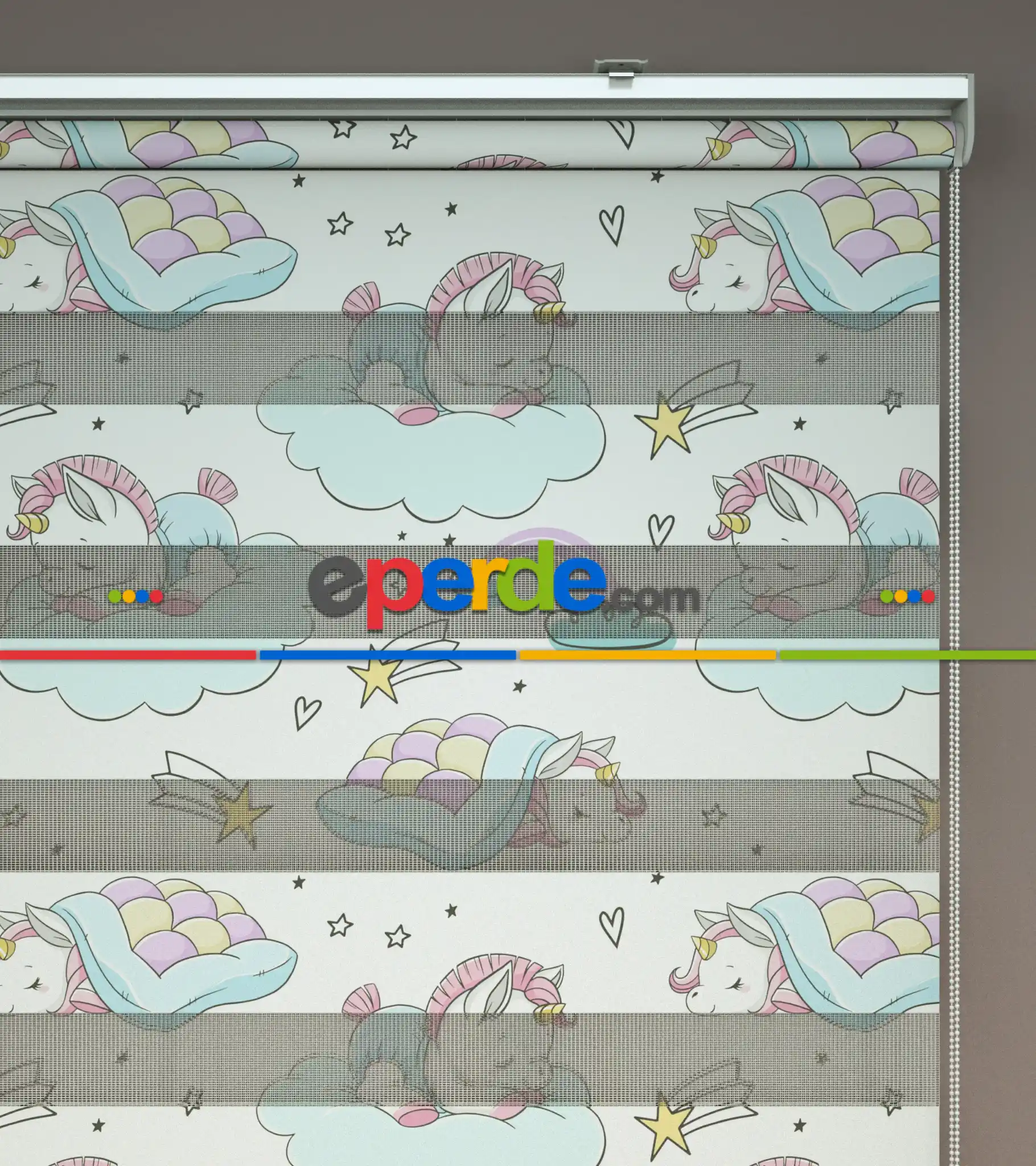 Unicorn Desenli Baskılı Zebra Perde- Çok Renkli