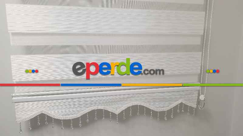 Brillant Kristal Boncuklu Zebra Perde- Beyaz-krem