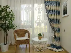Renk Geçişli Jakar Desenli Salon Fon Perdesi - Lacivert - Mavi - Bej( Kendinden Saçaklı)- Lacivert-mavi-bej