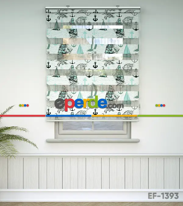 Denizci Desen Baskılı Zebra Perde- Siyah-su Yeşili