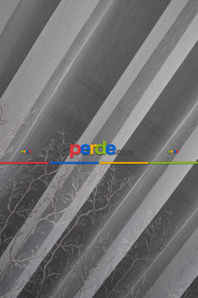 Gri Renk İşlemeli Geniş Etek Desen Selvi Model Ütü İstemez Kırışmaz Tasarım Tül