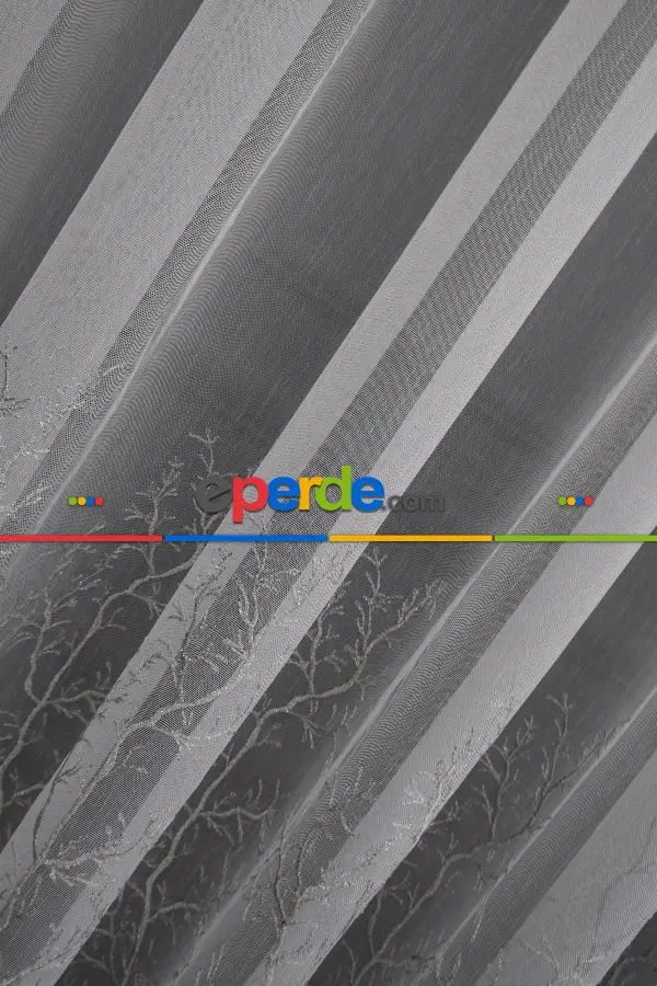 Gri Renk İşlemeli Geniş Etek Desen Selvi Model Ütü İstemez Kırışmaz Tasarım Tül