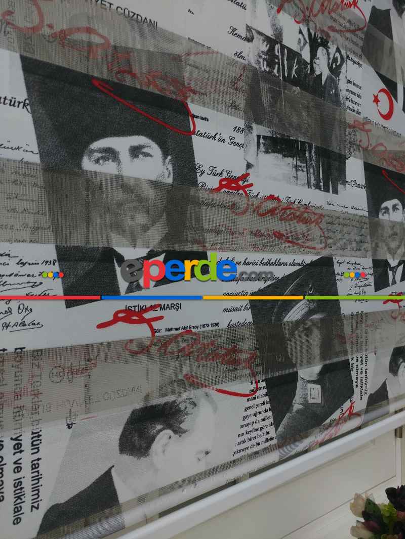 Atatürk Baskılı Zebra Perde- Siyah-kırmızı-beyaz-siyah Kırmızı- Çok Renkli 3