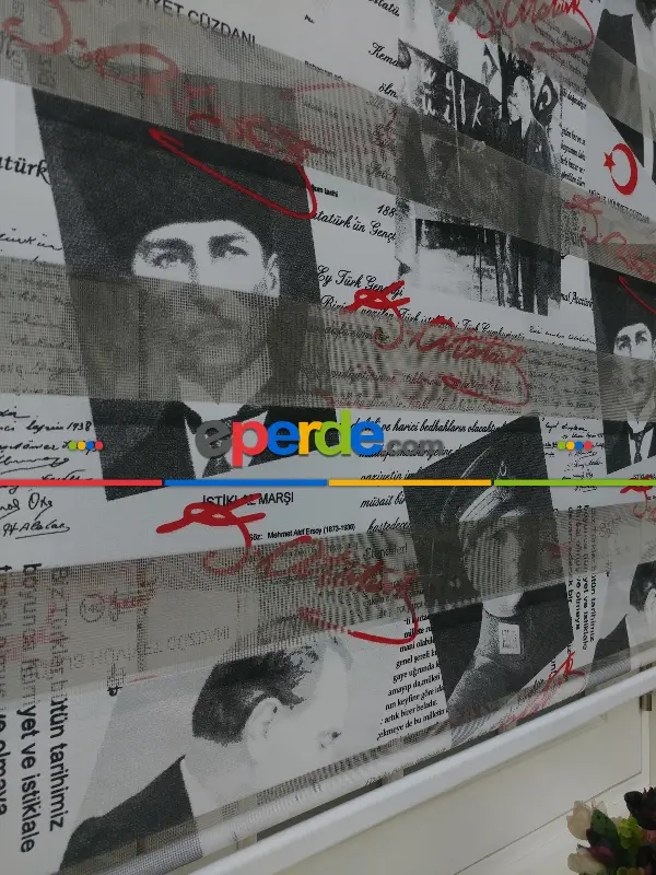 Genç Odası - Atatürk Baskılı Zebra Perde- Siyah-kırmızı-beyaz-siyah Kırmızı- Çok Renkli 3