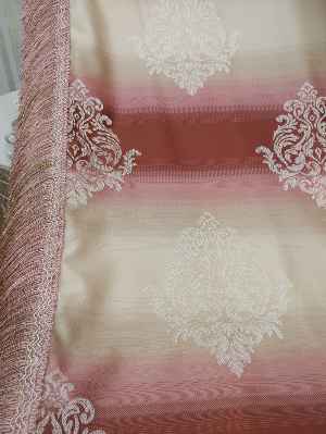 Renk Geçişli Jakar Desenli Salon Fon Perdesi - Pembe - Kiremit - Bej ( Kendinden Saçaklı)- Bej-pembe-kiremit Rengi