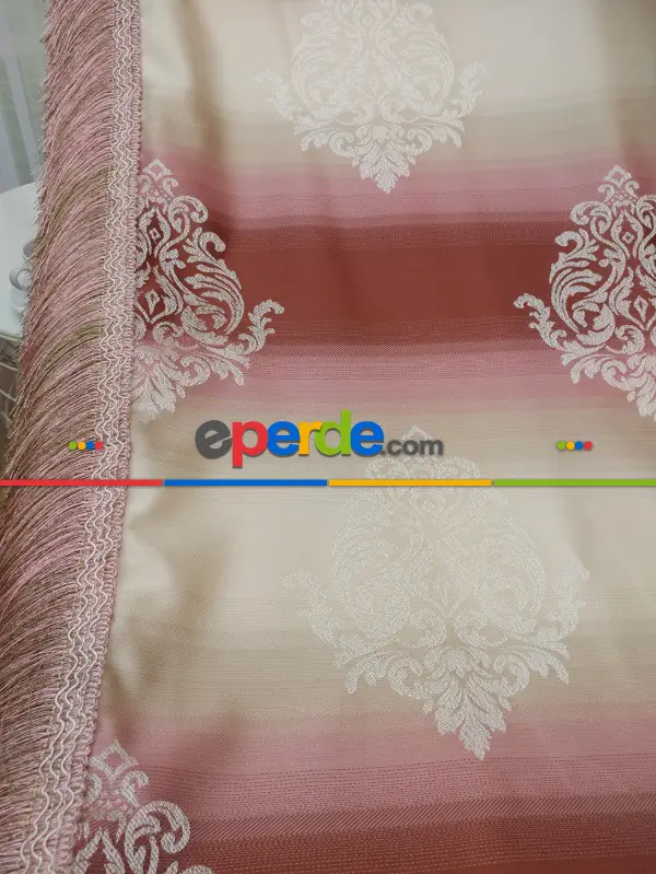 Renk Geçişli Jakar Desenli Salon Fon Perdesi - Pembe - Kiremit - Bej ( Kendinden Saçaklı)- Bej-pembe-kiremit Rengi