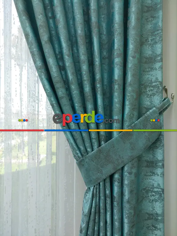 Patine Desenli Turkuaz - Katyonik Jakar Fon Perde- Turkuaz