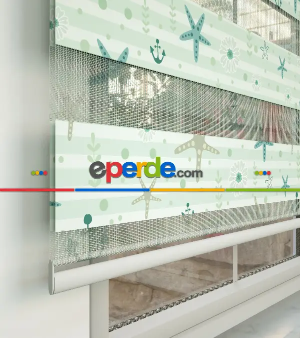 Bebek Odası Zebra Perde - Deniz Yıldızı Baskılı Zebra Perde- Beyaz-Turkuaz-Su Yeşili