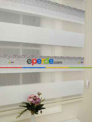 Salon Zebra - Ekru - Gri Detaylı Zebra Perde- Ekru