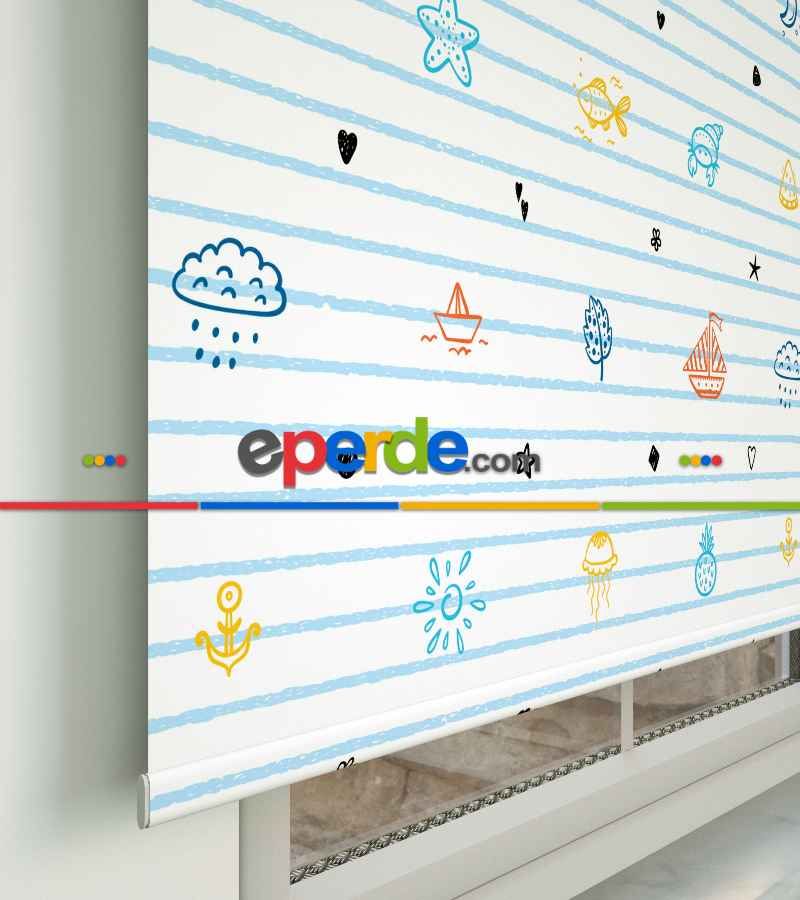 Çocuk Odası Stor Perde - Denizci Desenli Baskılı Stor Perde- Çok Renkli