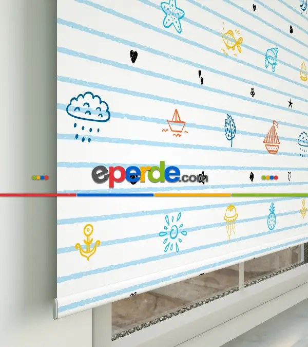 Bebek Odası - Denizci Desenli Baskılı Stor Perde- Çok Renkli