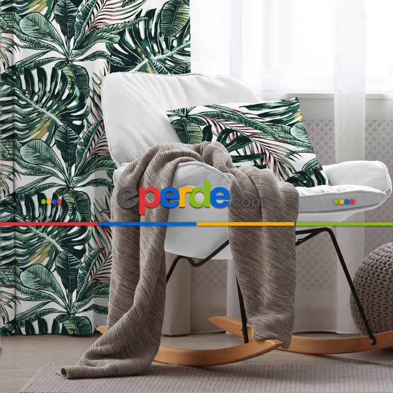 Yapraklı Fon Perde Evim1089 Kumaşı Kalındır Duck Bezi Değildir- Mavi-beyaz