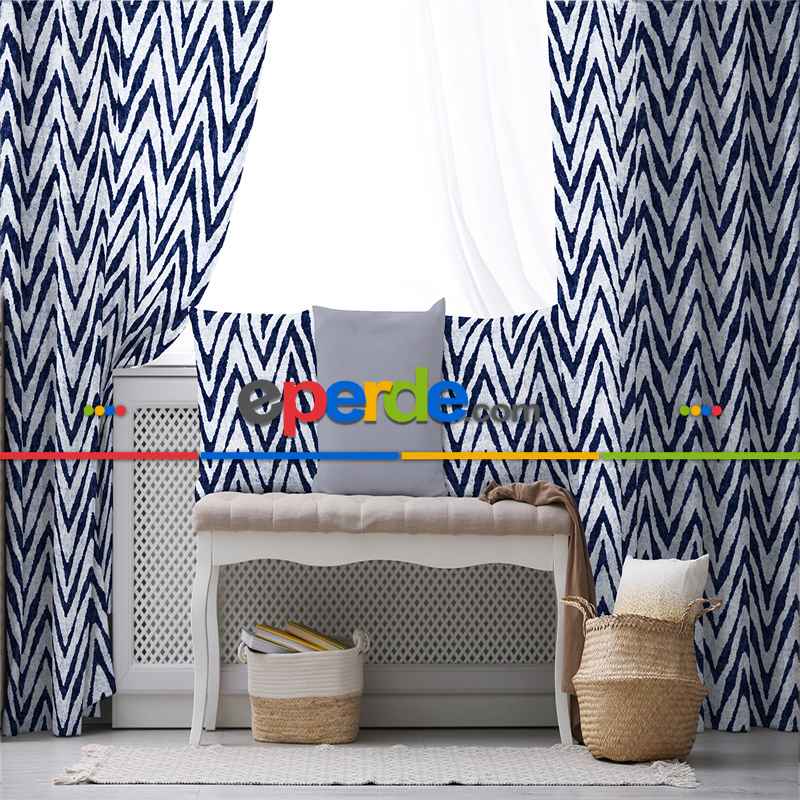 Etnik Fon Perde Evim1524 Kumaşı Kalındır Duck Bezi Değildir- Mavi-beyaz