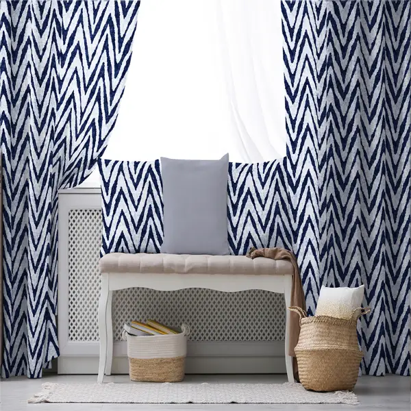 Etnik Fon Perde Evim1524 Kumaşı Kalındır Duck Bezi Değildir- Mavi-beyaz