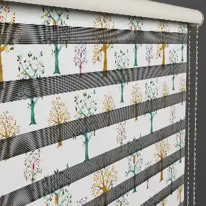 Salon Ve Mutfak - Ağaçlar Desen Baskılı Zebra Perde- Yeşil-Ekru-Kahve-Su Yeşili