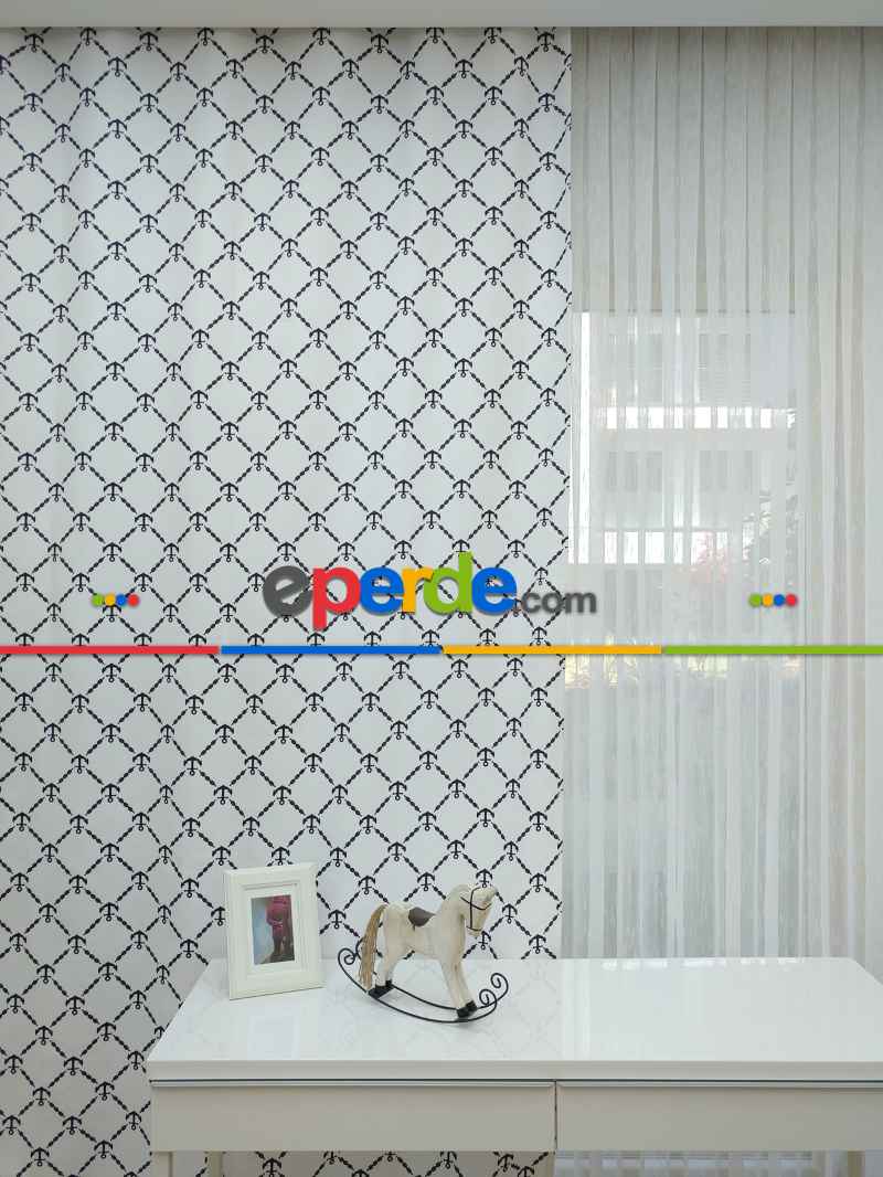 Çocuk Odası Fon - Çapa Denizci Desenli Fon Perde Modelleri- Siyah