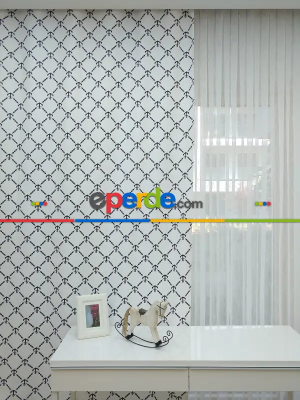 Çapa Denizci Desenli Erkek Bebek Ve Çocuk Odası Fon Perde Modelleri- Siyah-Beyaz