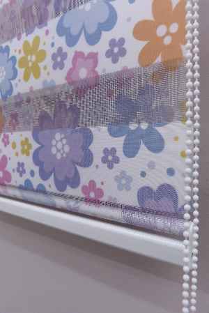 Çiçekli Desen Zebra Perde- Mavi-sarı-pembe