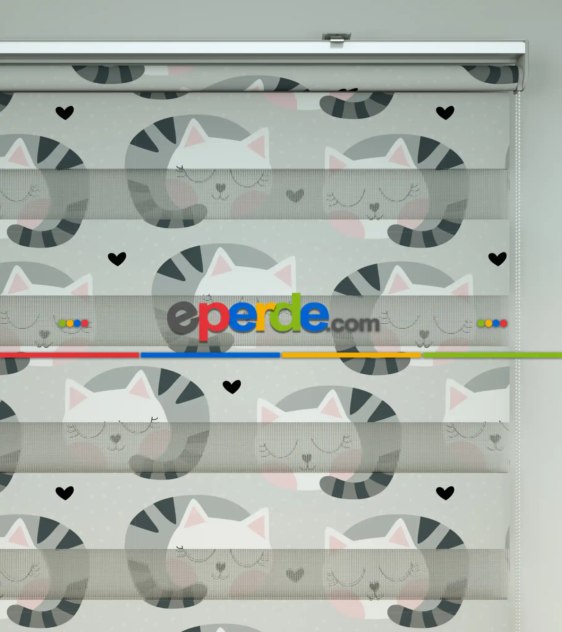 Kedicik Desenli Baskılı Zebra Perde- Çok Renkli