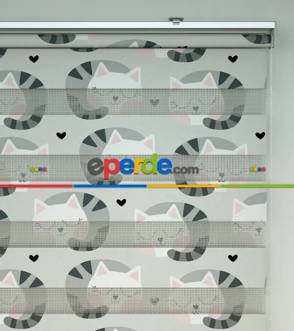 Kedicik Desenli Baskılı Zebra Perde- Çok Renkli