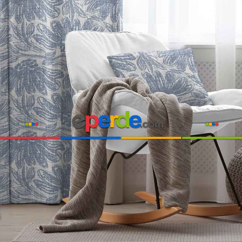 Salon Fon Perde Evim1607 Kumaşı Kalındır Duck Bezi Değildir- Mavi-beyaz