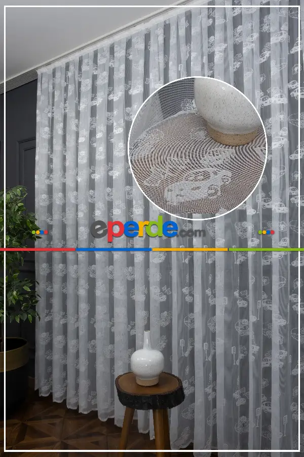 Erkek Çocuk Odası Tül Perde, Arabalar Desenli - Ütü İstemez