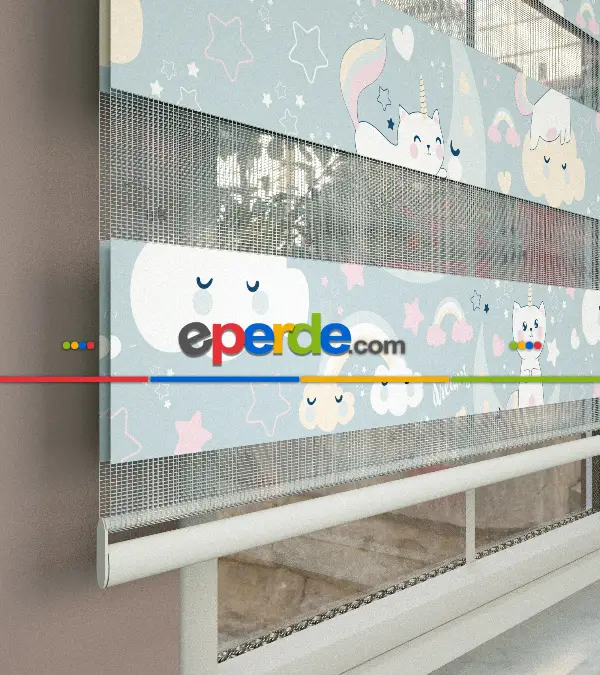 Unicorn Desenli Baskılı Zebra Perde- Çok Renkli