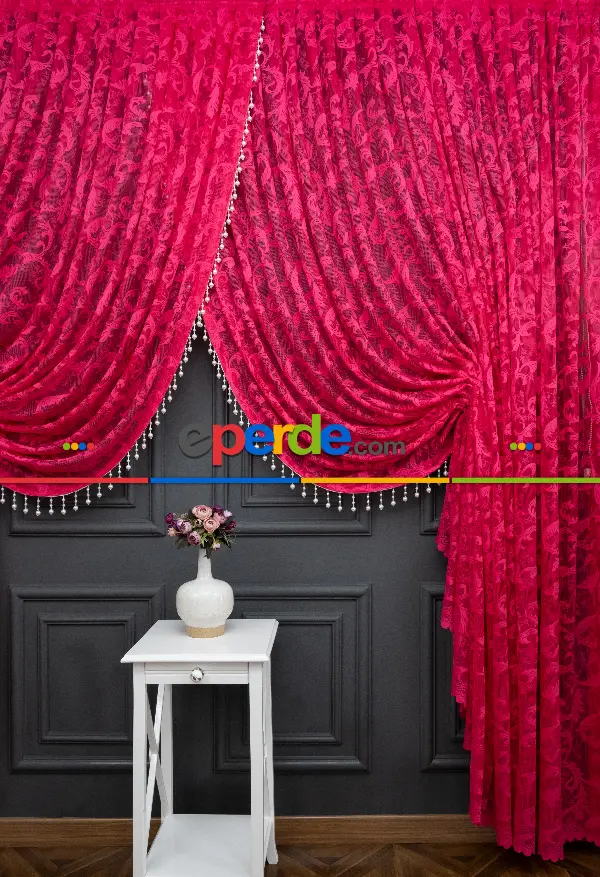 Fuşya Pembe Sarmaşık Desen Şal Model Tül Kruvaze Yanki Tül