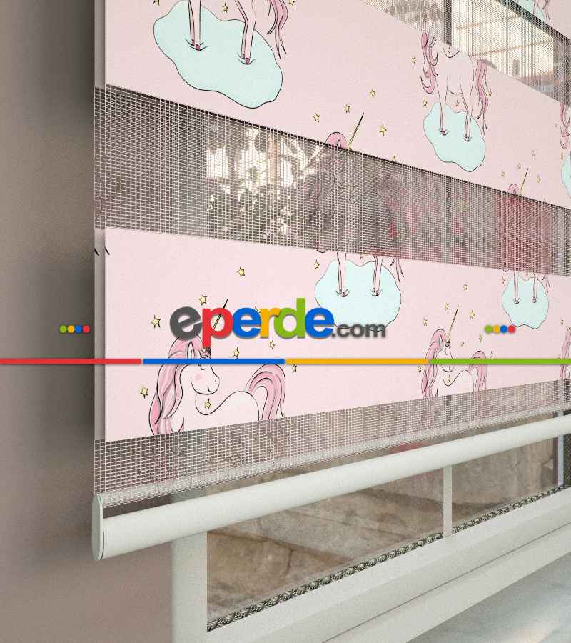 Unicorn Desenli Baskılı Zebra Perde- Çok Renkli