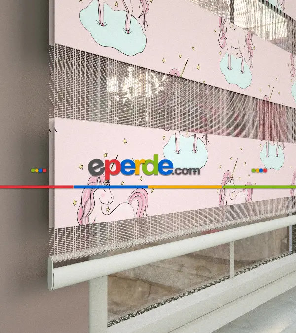 Unicorn Desenli Baskılı Zebra Perde- Çok Renkli